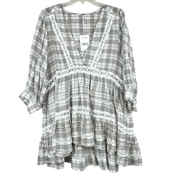 NWT Free People Time Out Lace Trim Plaid Puff Sleeve Trapeze Tunic Blouse Sz M - Picture 6 of 15